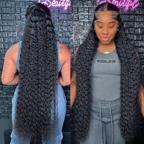 13x6 Deep Wave HD Lace Frontal Wig Human Hair Wave Water Human Hair wigs Curly 13x4 360 Lace Frontal Wigs For Black Women (Stretched Length, Density: 28inches, 150%, Color: 13x6 HD Lace Wig)